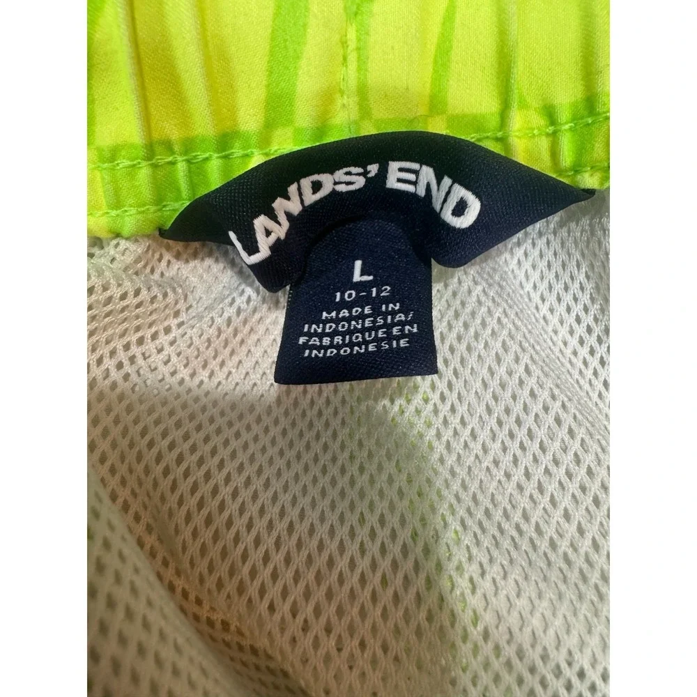 Lands' End Swim Trunks Boys L 10-12 Neon Green Tropical Floral Mesh Lined UPF 50